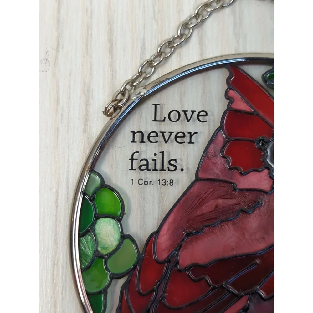 Cardinal suncatcher window hanging stained‎ glass Love Never Fails 1 Cor 13:8